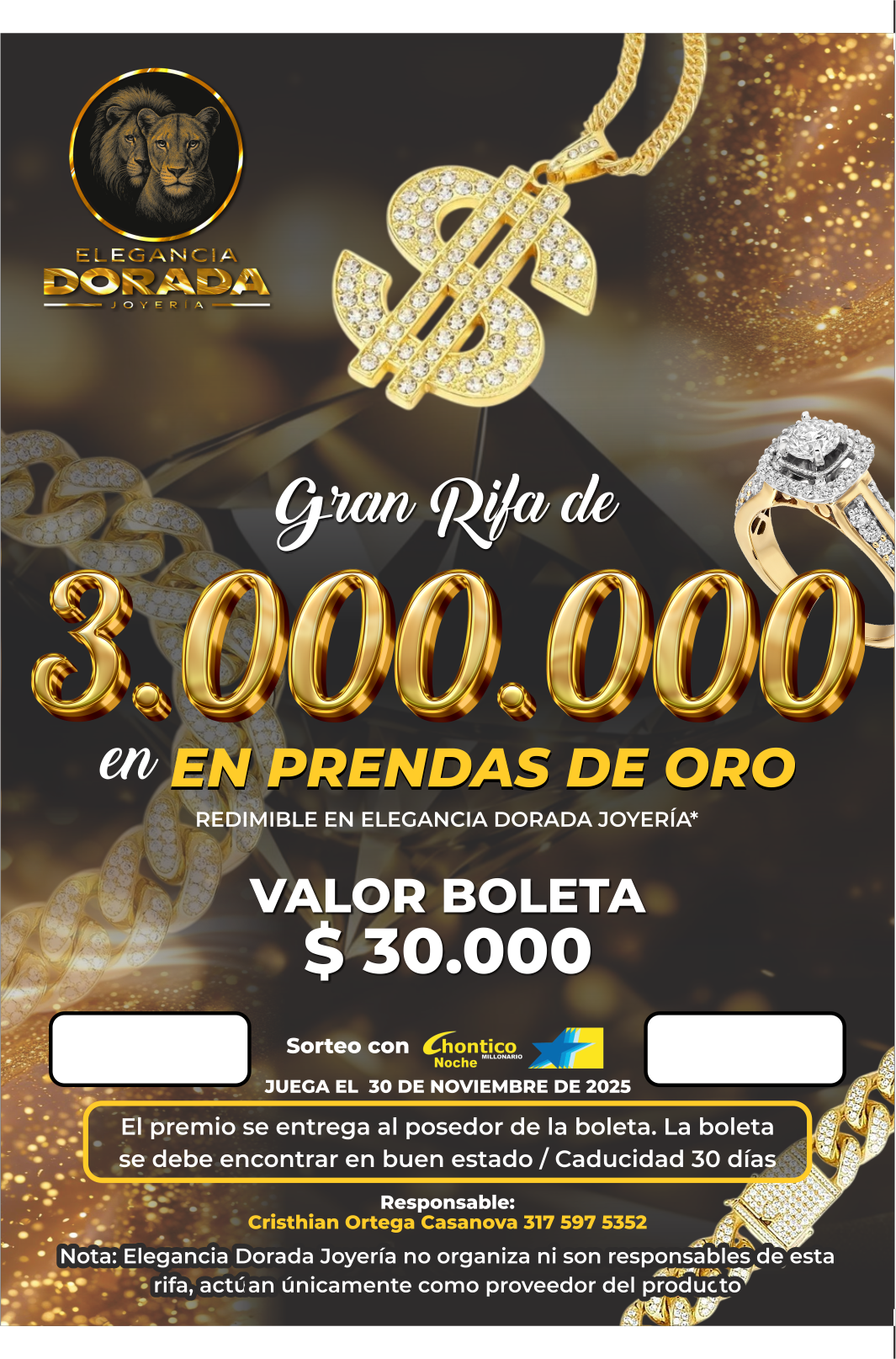 Gran Rifa De 3.000.000 En Prendas Con Elegancia Dorada Joyeria 
